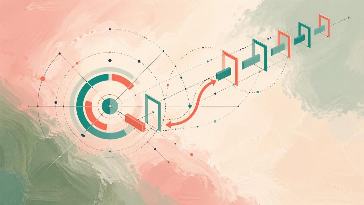 Abstract data visualisation with orbital patterns and city skyline representing digital transformation and process monitoring