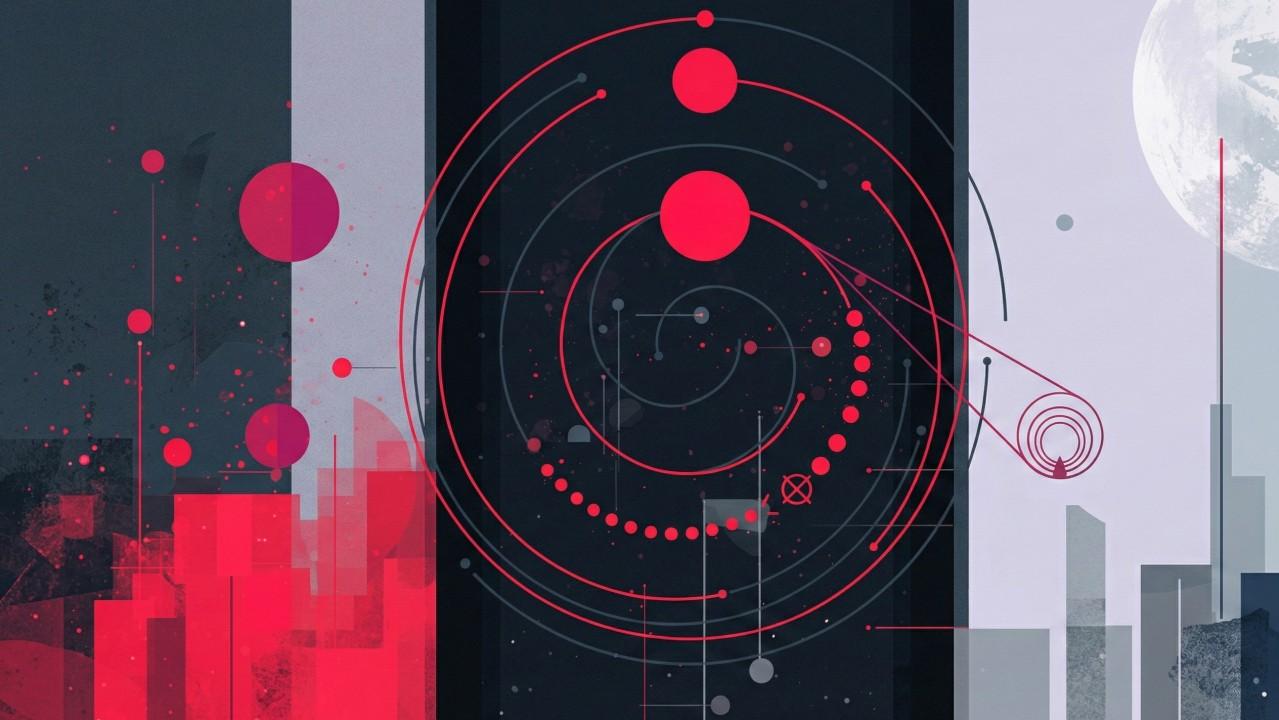 Abstract data visualisation with orbital patterns and city skyline representing digital transformation and process monitoring
