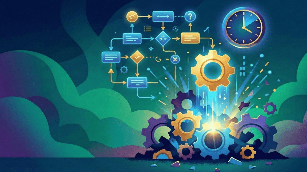 Illustration of process flows and gears representing imperfect but valuable data in process mining