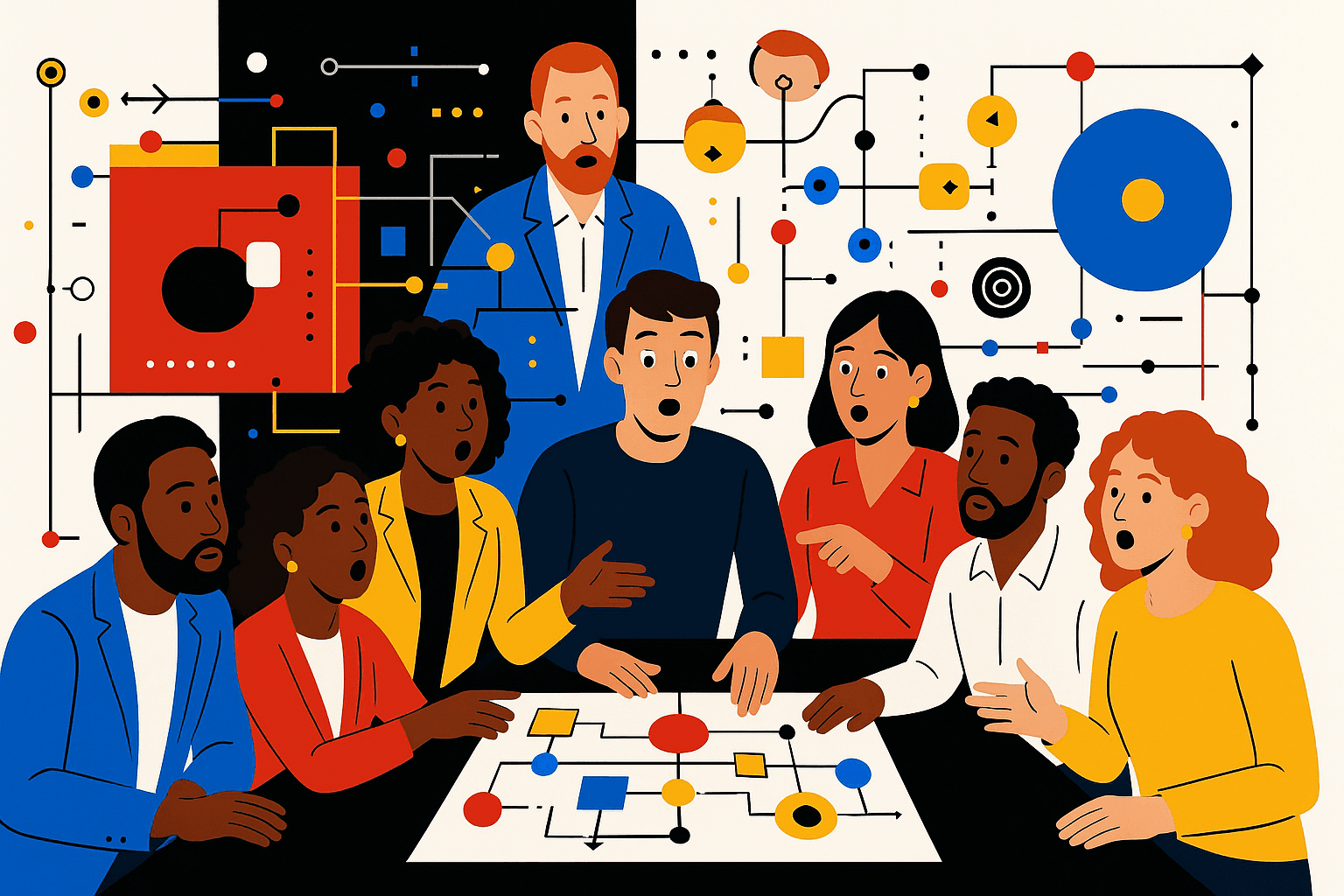 Business team having a breakthrough moment while reviewing process map